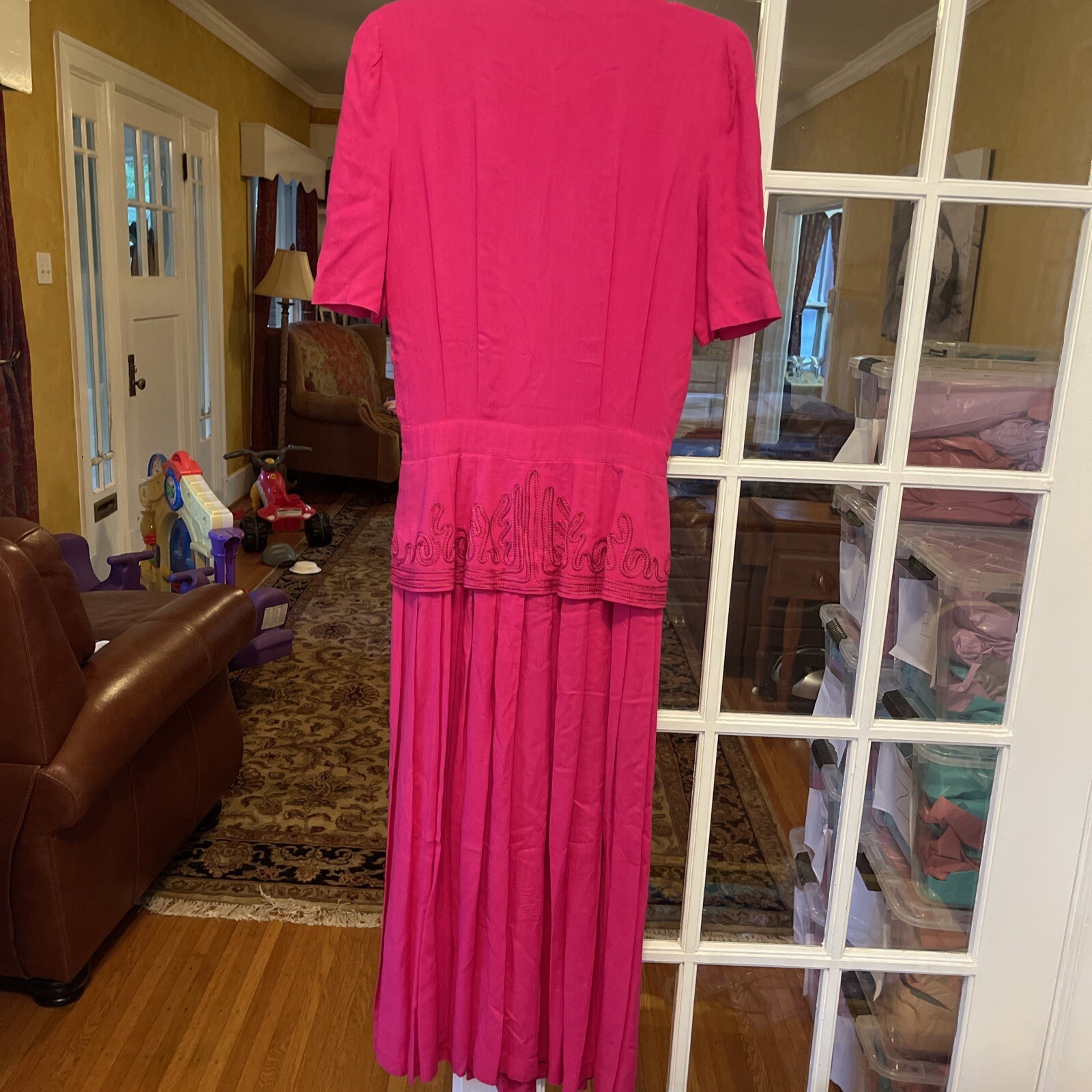 Vtg 6 Sarah Elizabeth Long Dress Pink Cord Detail Covered Buttons Pleated Skirt