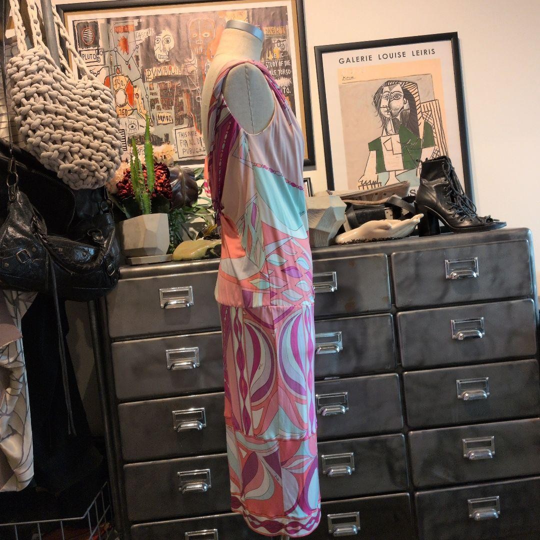 EMILIO PUCCI Vintage Logo Dress One-Piece Sleeveless #34 Pink Multicolor Silk