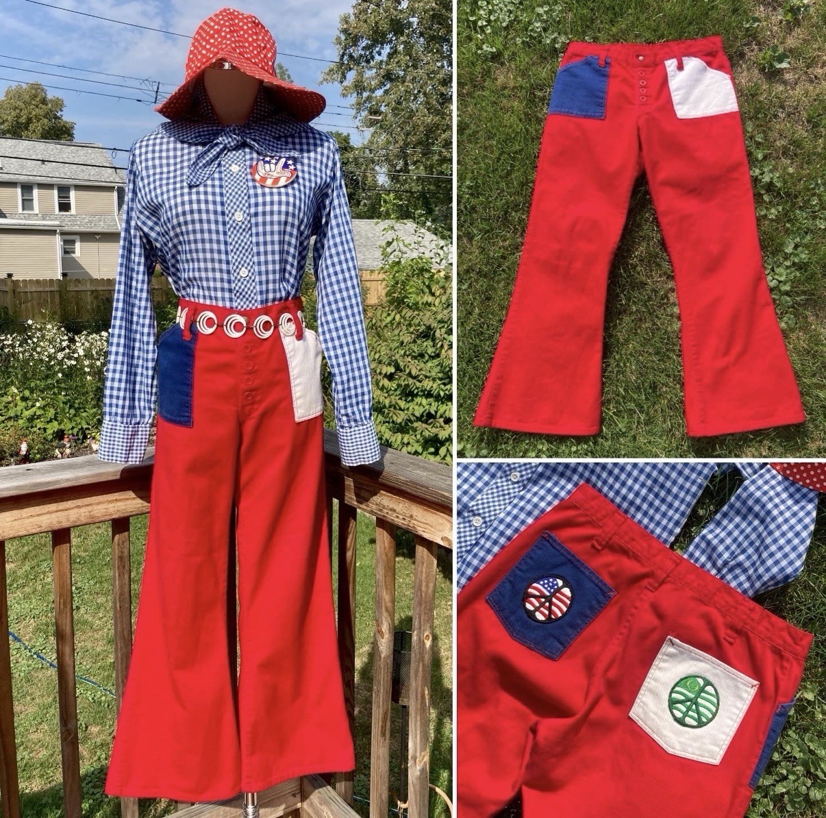 Vintage 70s Red Blue White Color Block Bellbottom Jeans