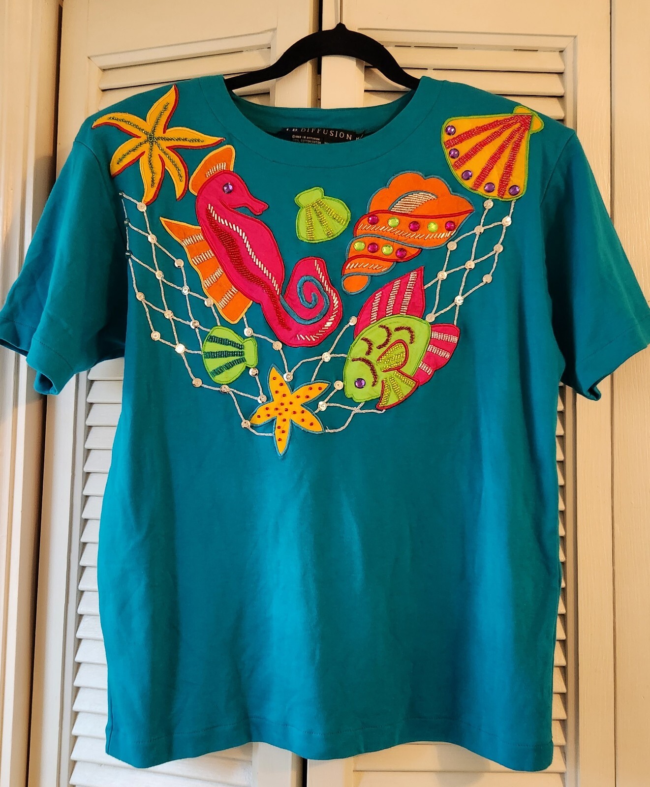 Vintage 1992 I.B. Diffusion Beach Theme Turquoise Sequin Shirt Size Medium 90s