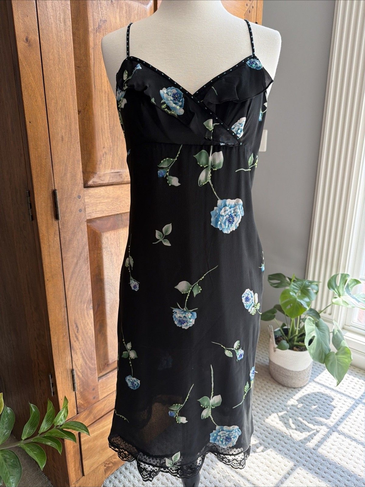 Vintage 1990s Adrianna Papell Evening Silk Black Silk Dress Size 8