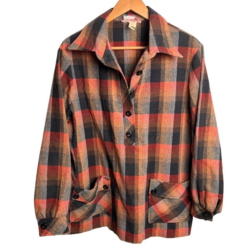 Vintage Womens Plaid Shacket M Pullover Orange Black Flannel Retro 70s 80s Cabin