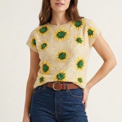 Vintage 60s House of Gold Sequins Floral Wool Sweater Top Yellow Rare 38 Boho