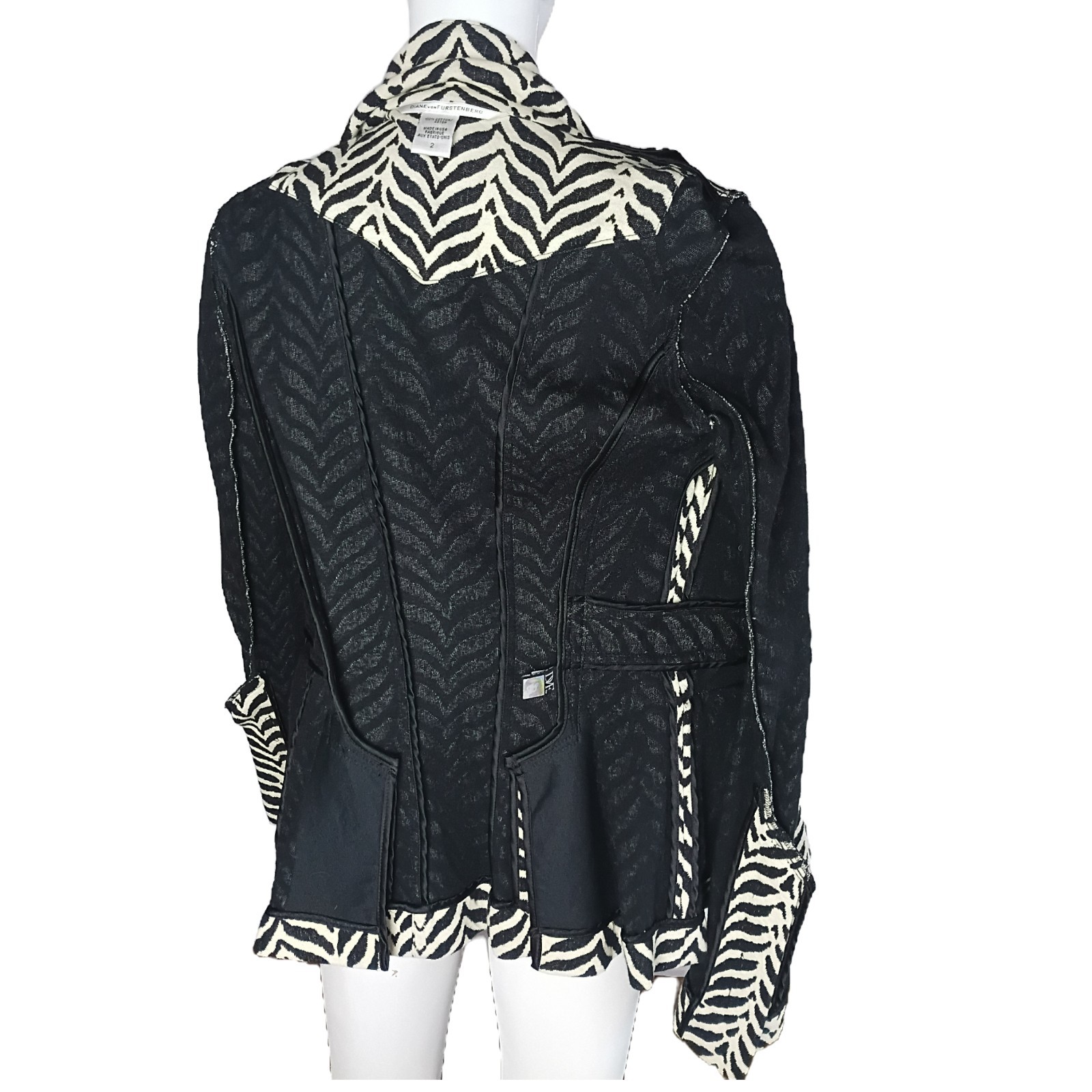 VTG DIANEvonFURSTENBERG ROCKAJILLY Black Brown Cream Zebra/Chevron Blazer W Sz 2