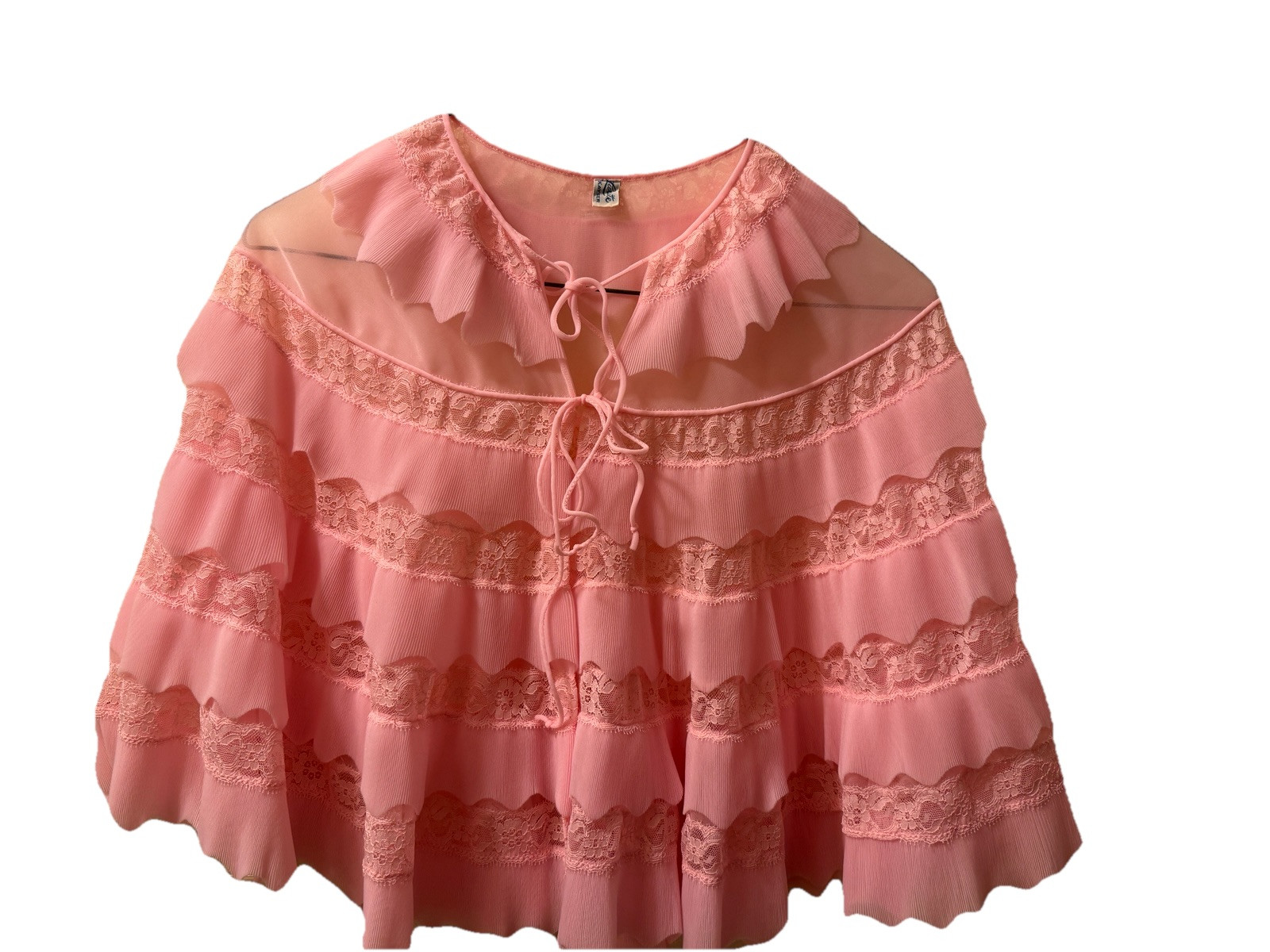 Vintage 50s Kaiser Luxite Pink Sheer Nylon mini pleated lace Ruffle Frilly Shawl