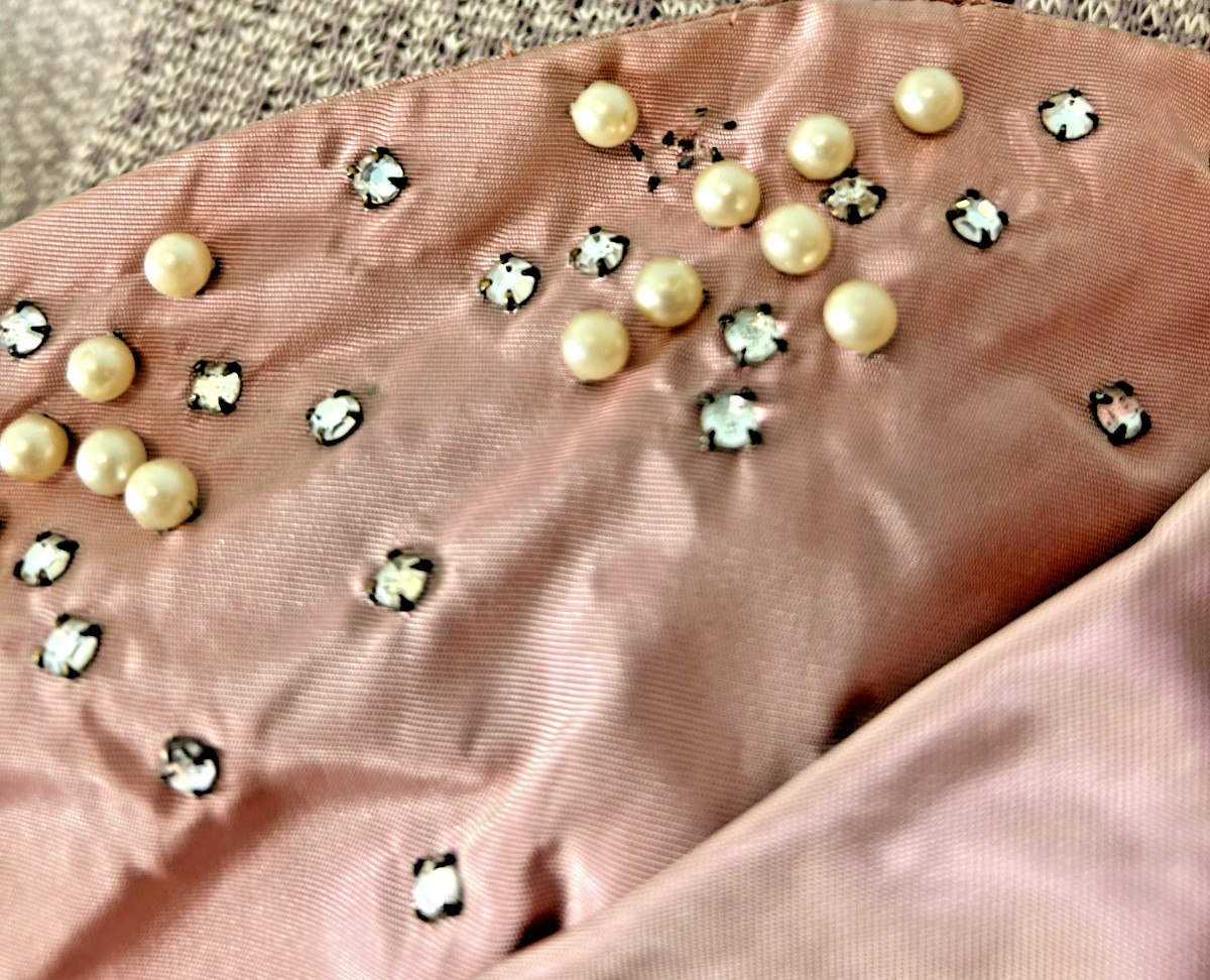 Incredible 1940s Taffeta Acetate Rhinestone Pearl Rose Pink Bustier Gown Bolero