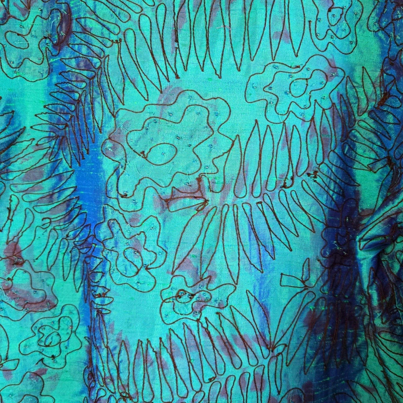 Vintage Chico’s Design 100% Silk Beaded Floral Shirt Teal Blue Boho Size 3