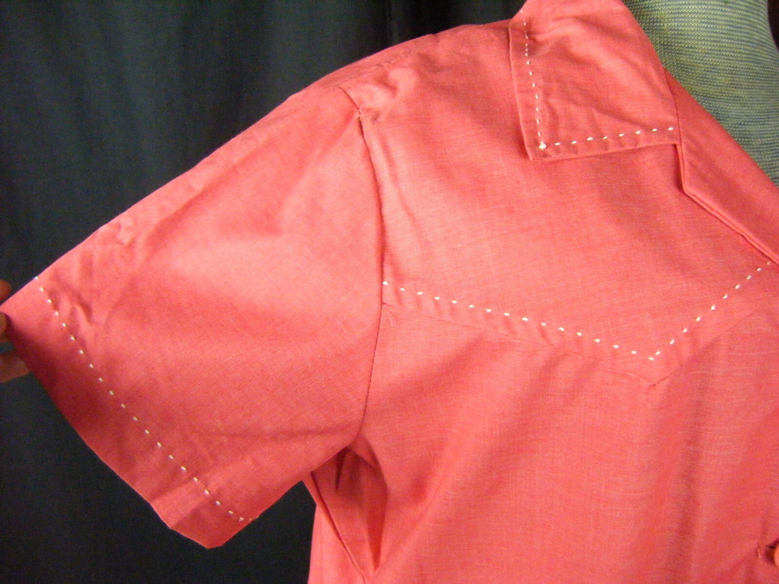 TOP MADE Vtg 70-80s Red White Stitches 60s Style Shirt Dress-Bust 49/L-XL