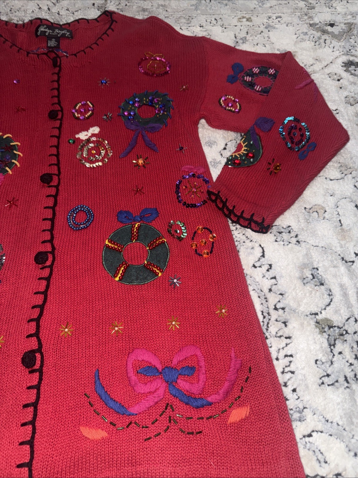 VTG Gladys Bagley Christmas Cardigan Knit SWEATER 1X Beads Rhinestone Embroidery