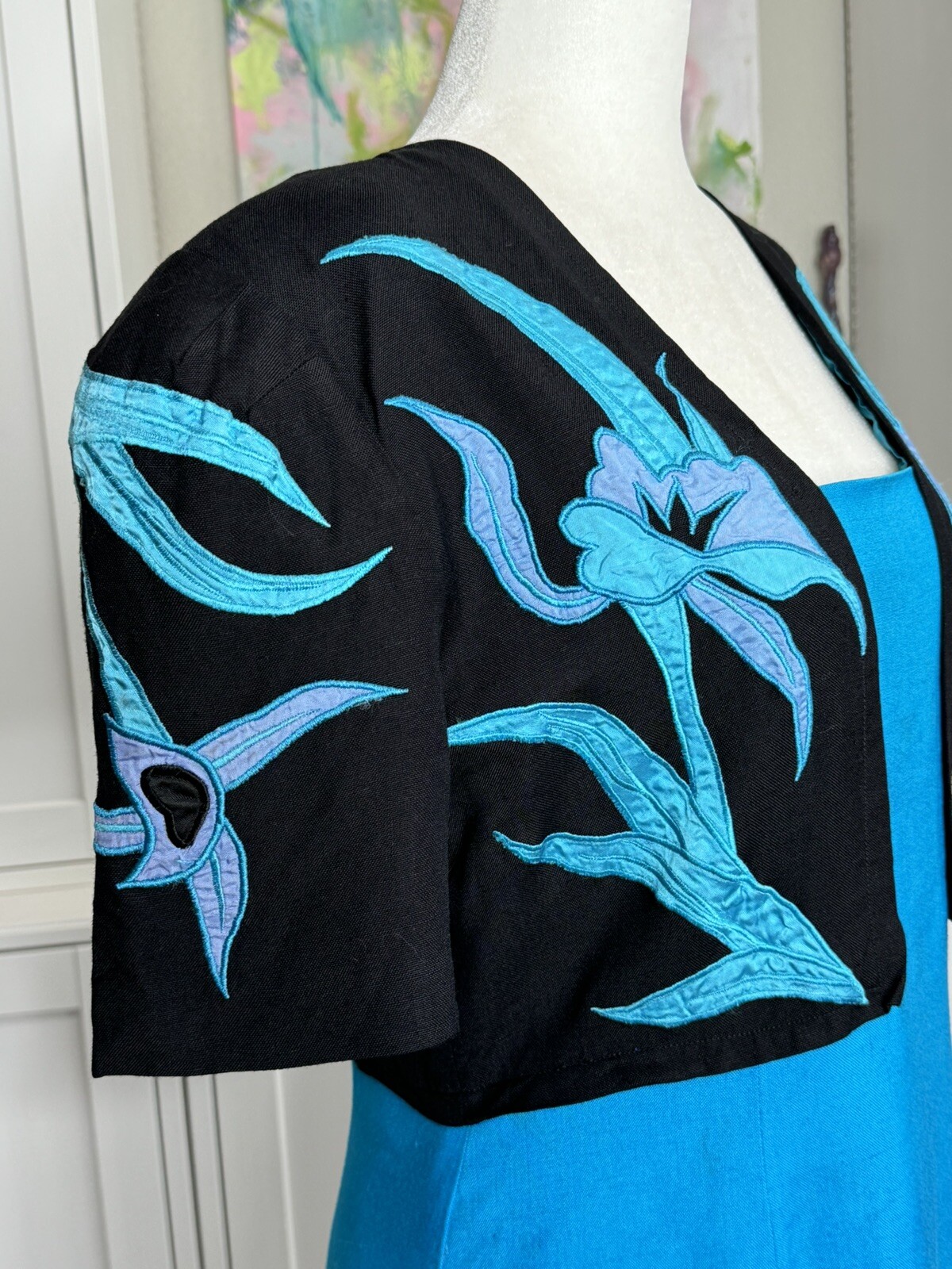 Pia Rucci 1980s Appliqué Wiggle Dress One Piece Illusion Teal Black Size Medium
