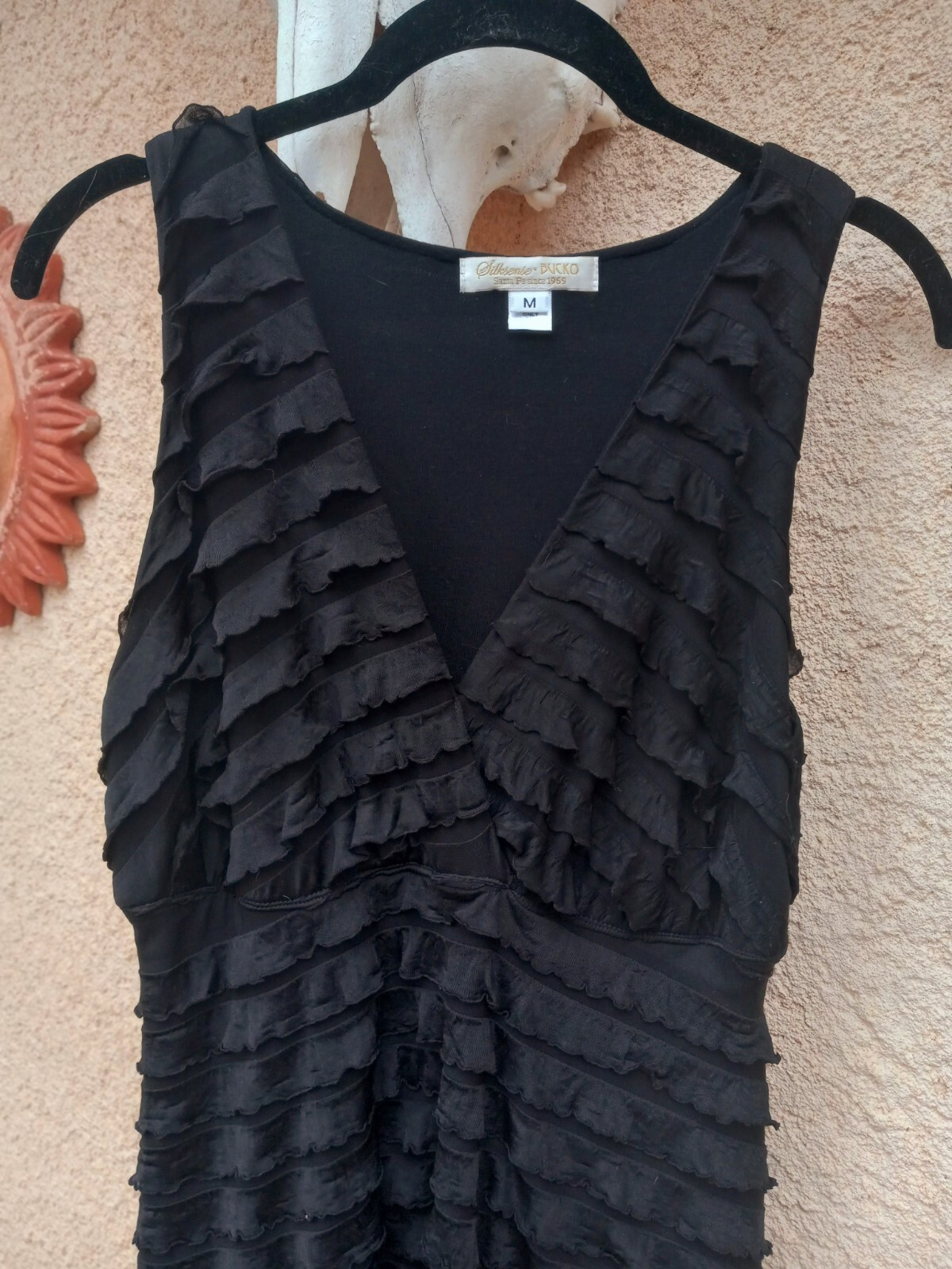Vintage Santa Fe Designer Bucko Black Silk Ruffle Stretch M Dress