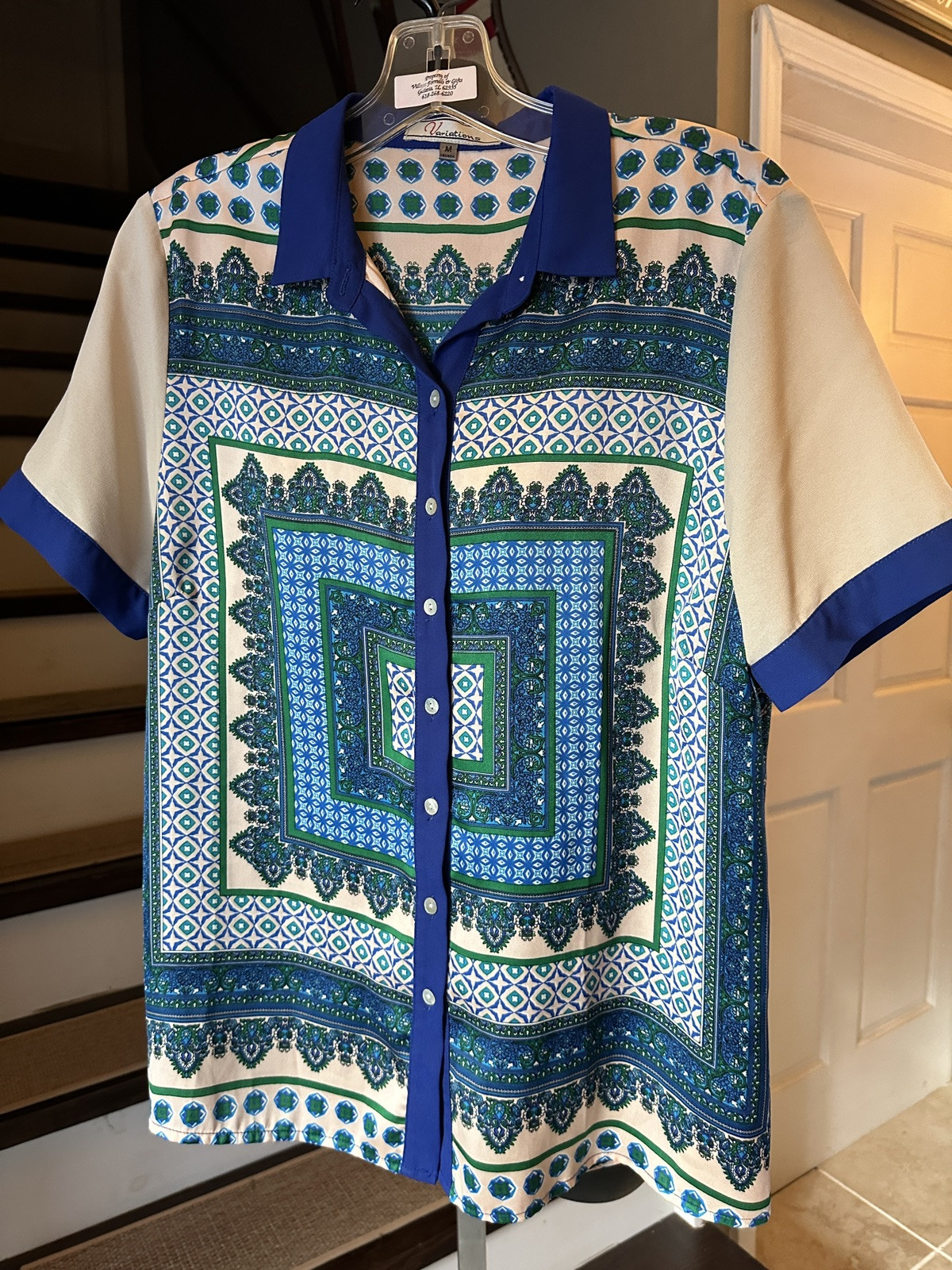 Vintage 70s Variations Mod Rayon Silk Short Sleeve Women’s Shirt M