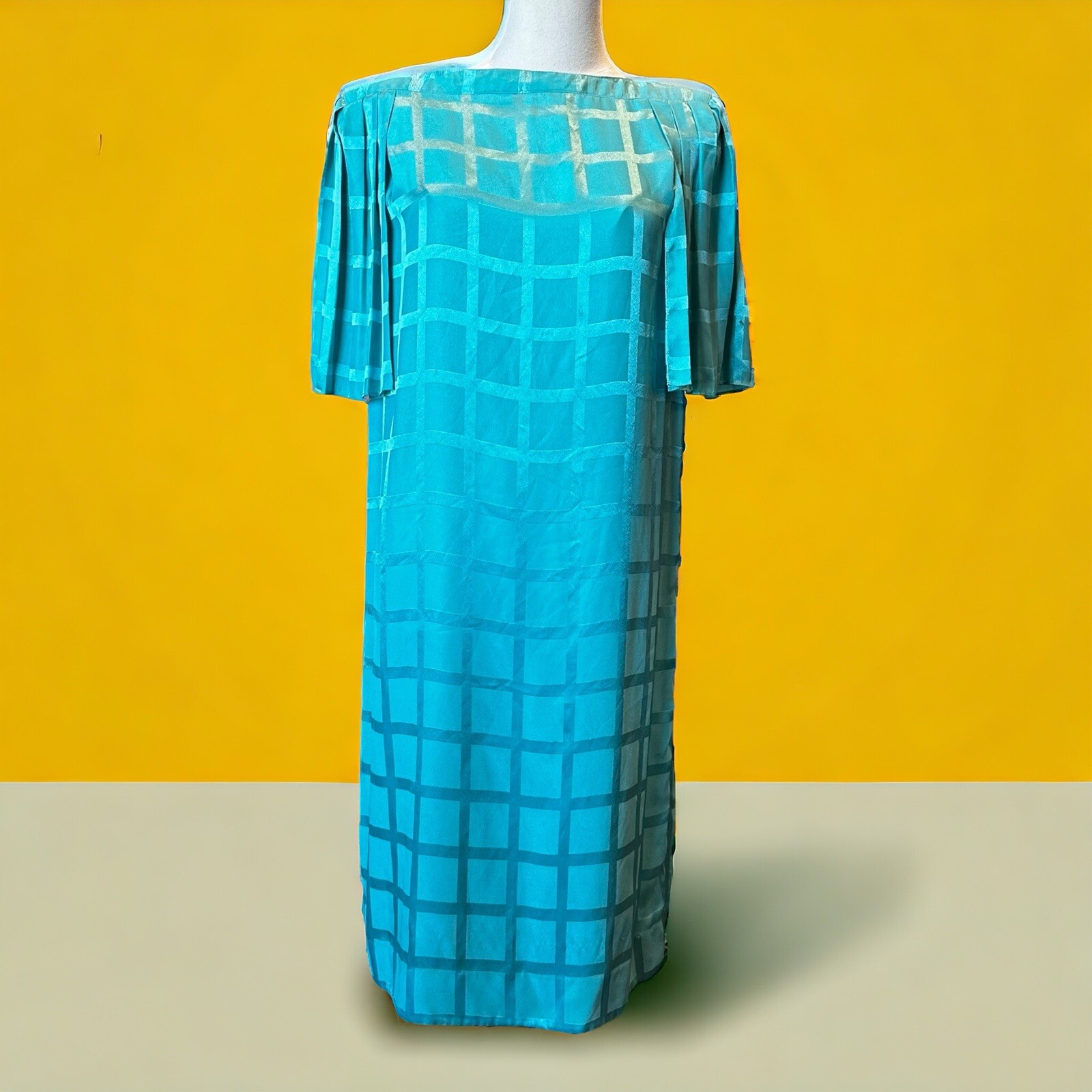 Vintage Teal Blue Windowpane Satin Midi Dress Pleated Flutter Sleeve Belted M
