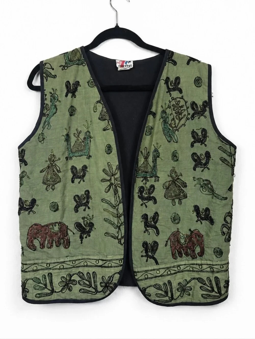 Vintage 90s Kaktus India Embroidered Elephant Vest Sz S Boho Folk Art Wear