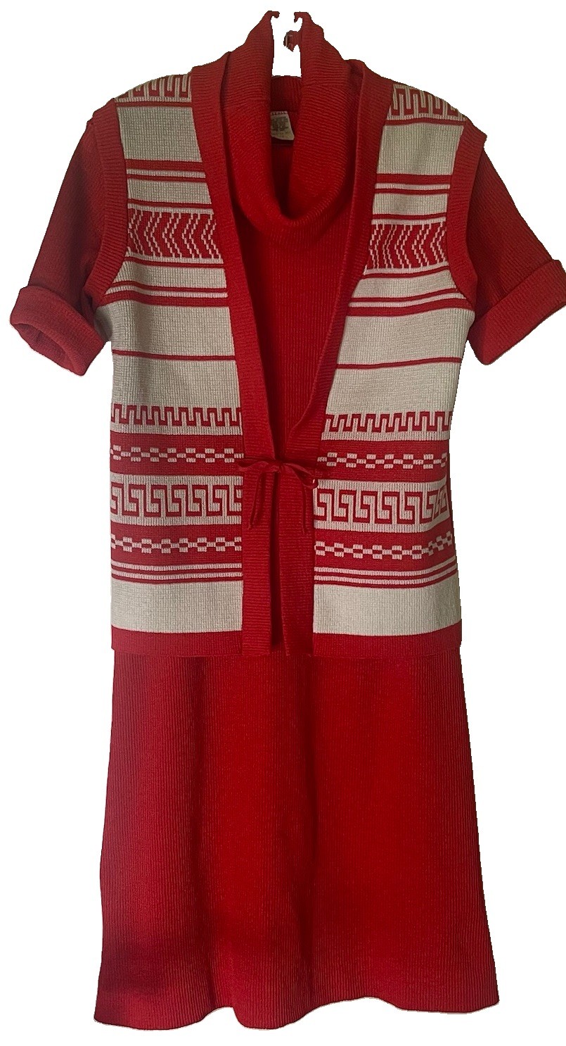Vintage 70s ILGWU Dress Vest Set Red Cowl Neck Retro Mod Outfit Womens USA Made