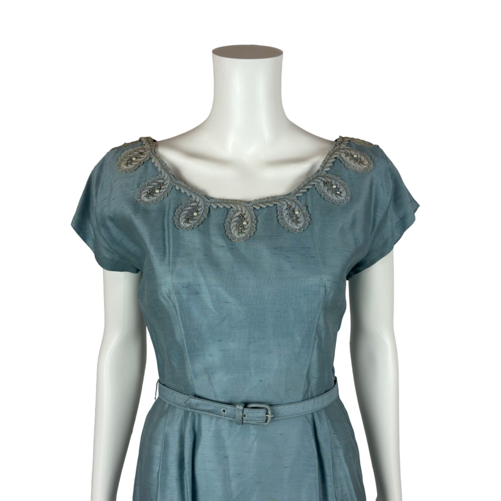 Vintage 1950s Dress Set Women’s Small Faux Silk Blue Cocktail Outfit Ann Kauffma