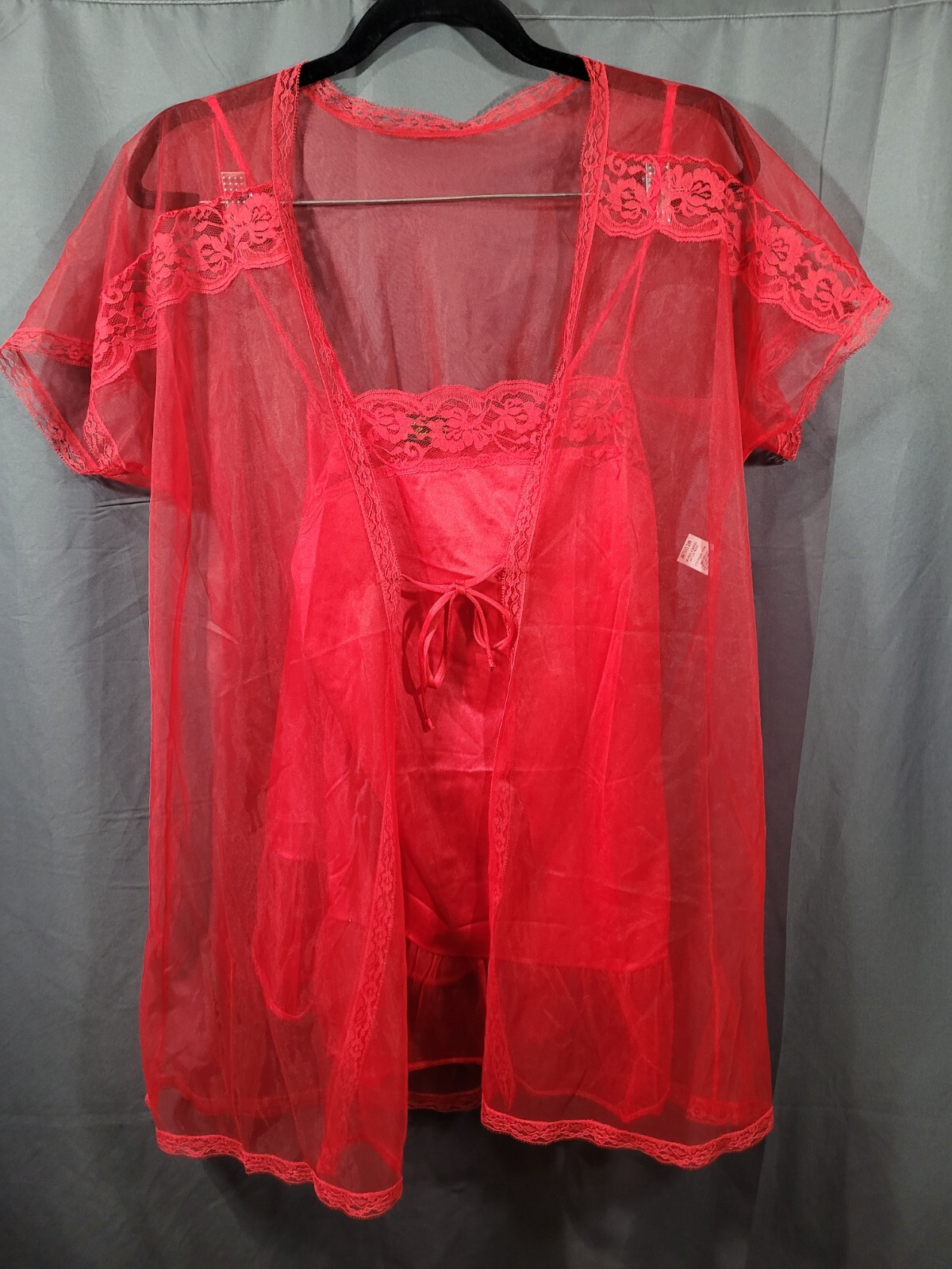 VTG Usa Stroke of Midnight Sheer Red Lace Layered Lingerie Night Gown Robe Sz M
