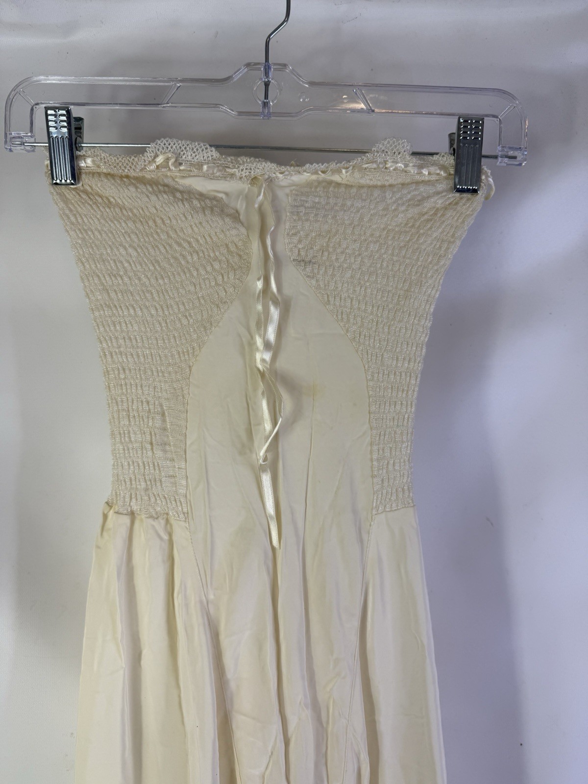 Vintage 70s Coquette Sheer Nylon Smocked Negligee Slip Dress Gown Strapless Smal