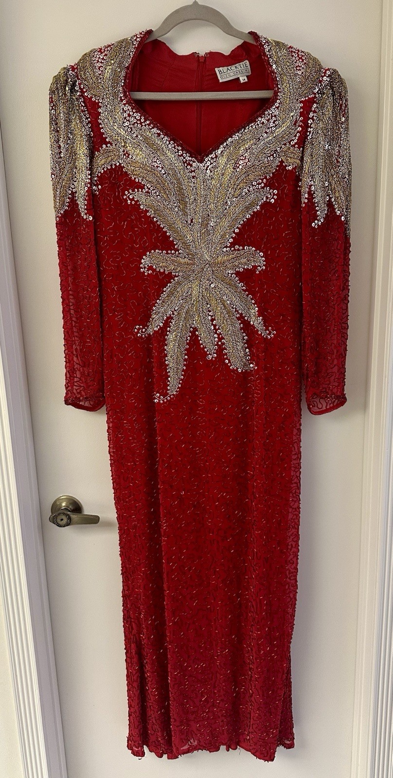 Vintage Oleg Cassini Black Tie Red Gold Silver Beaded Evening Gown Dress 14