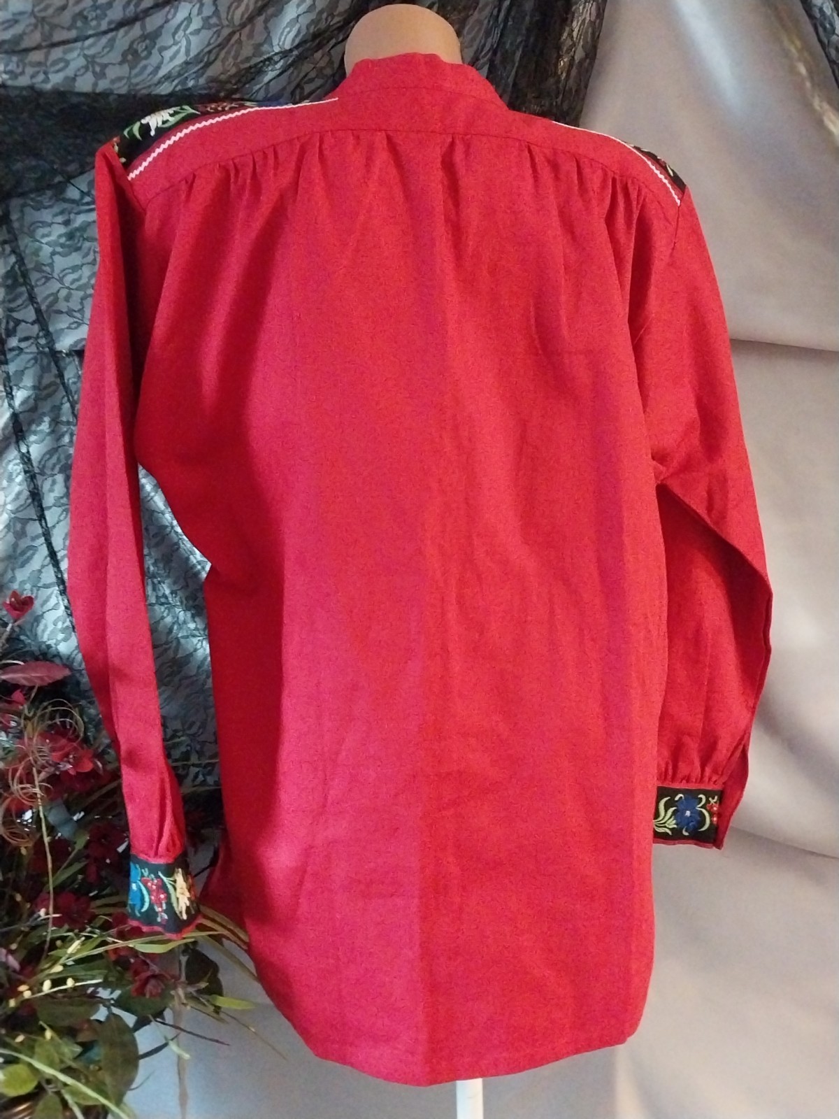 vtg MORNING GLORY FLOWER Embd Festival Mexican boho Ethnic Long Slv Blouse 44