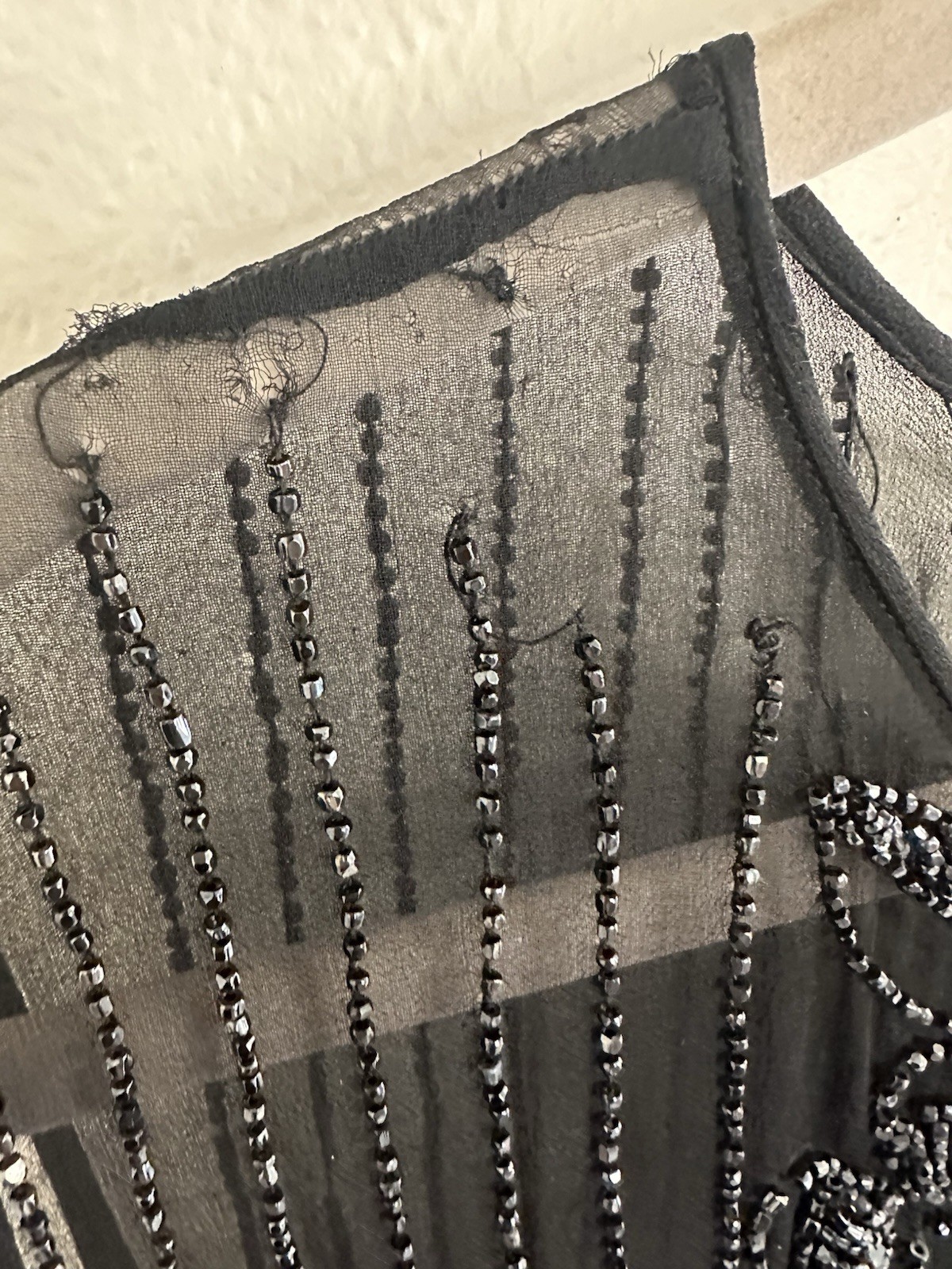 Antique Art Deco Beaded Silk Chiffon Tabard Dress Black Glass Beads 1920s Medium