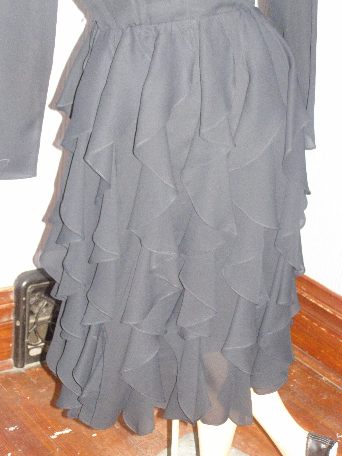 Vintage 80’s simple black semi-sheer TIERED RUFFLE dress S M chiffon evening