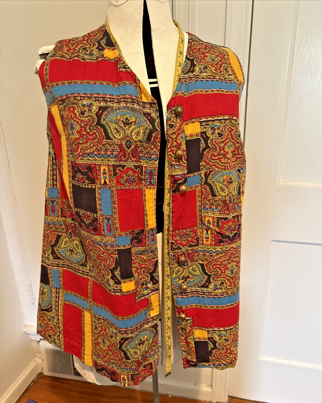 Vintage Tunic Vest Top L California 1970 Pop Color Groovy Paisley Brass Buttons