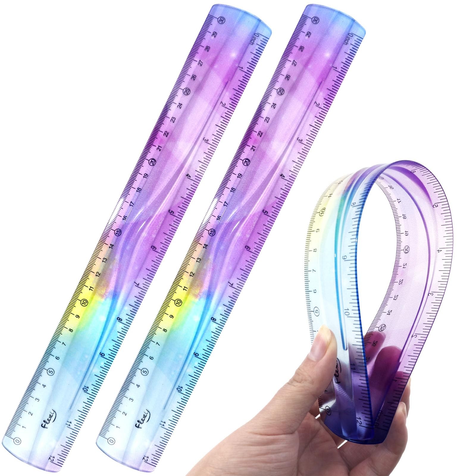 2 Pack 12 Inch Flexible Bendable Plastic Ruler, Gradient Color, Student School O