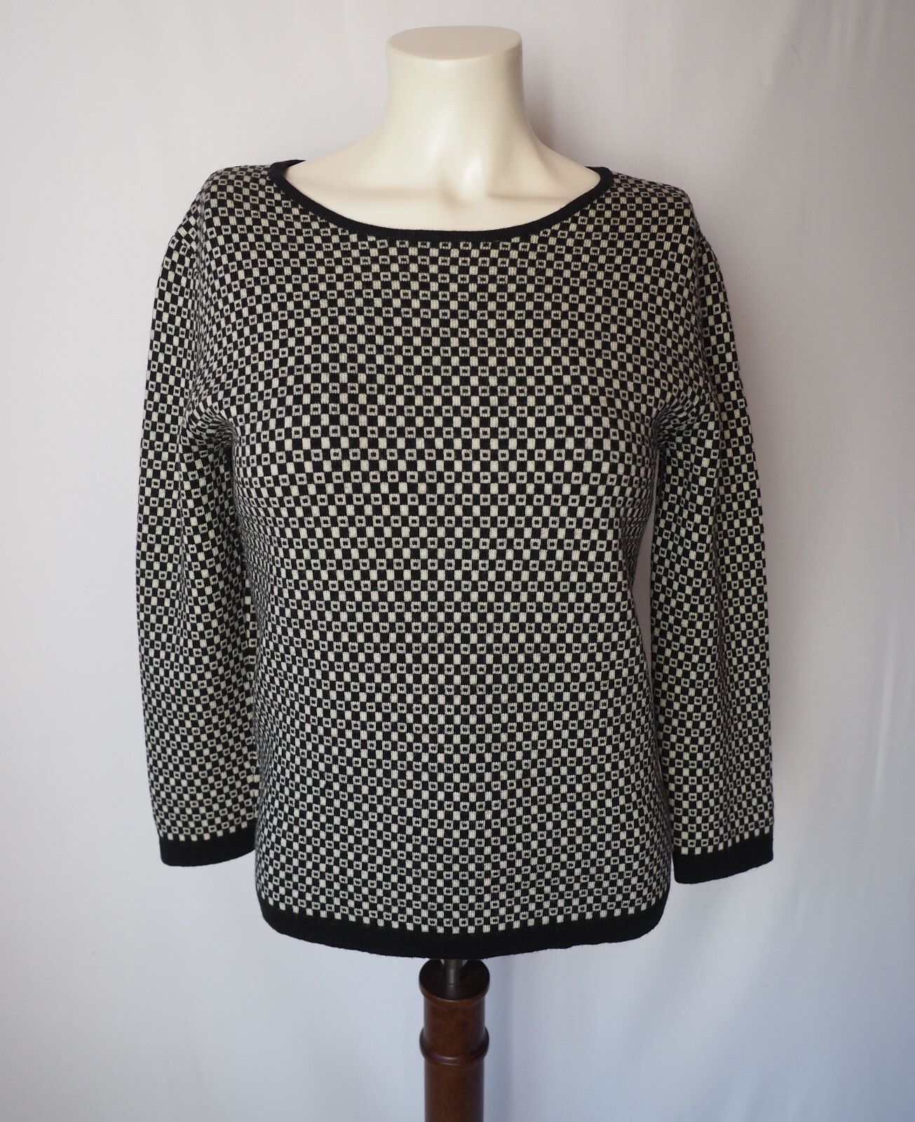 Vintage Lord & Taylor UK Italian Merino Wool Sweater Checkered Black White S