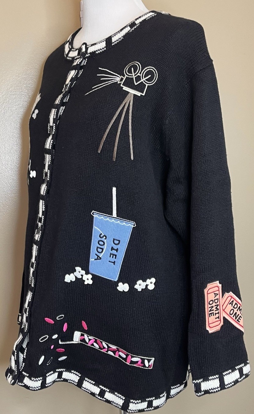 Vtg Quaker Factory Cardigan Sweater Movie Theme Appliqué Embroidery Plus Size 1X