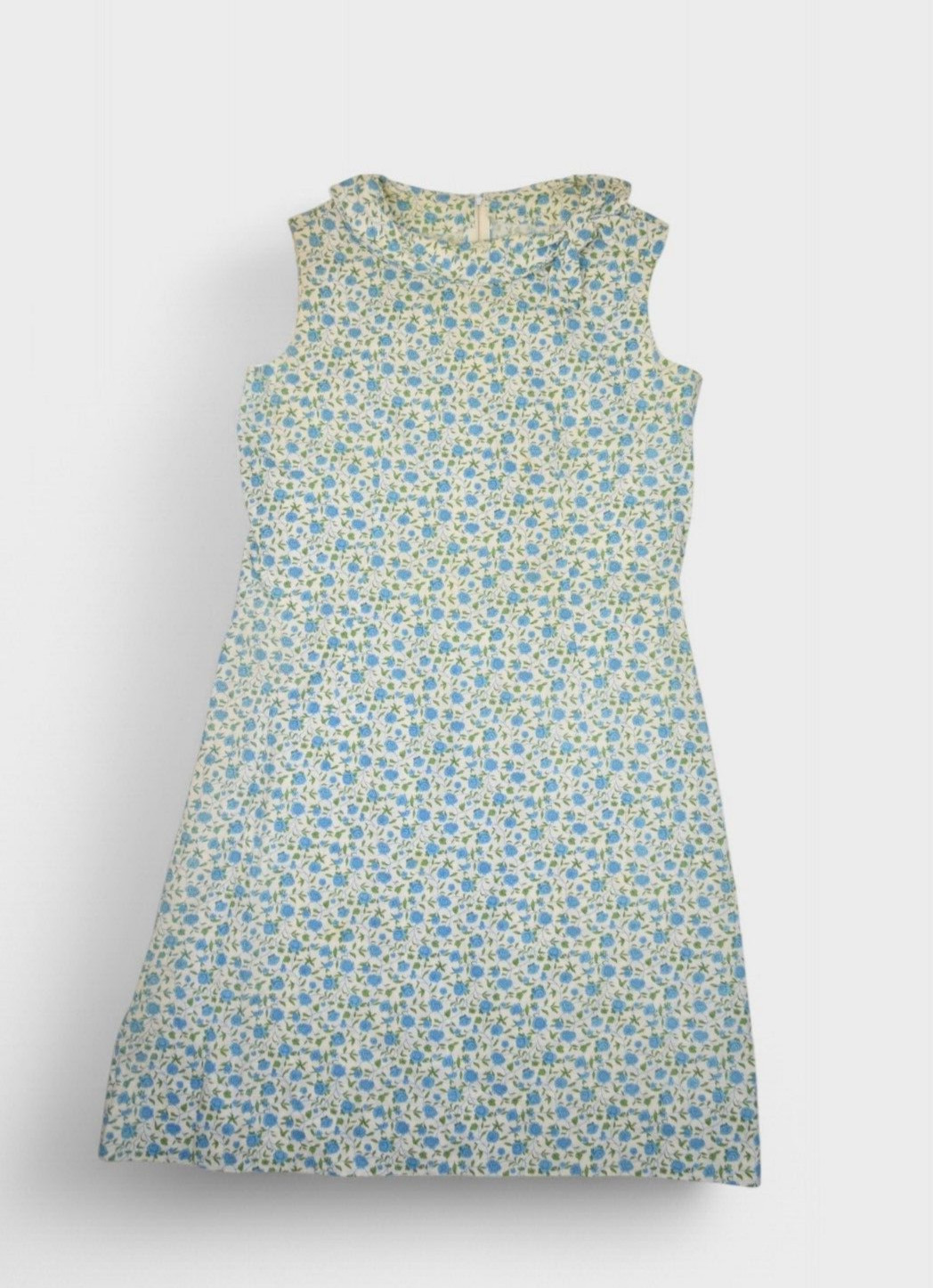 Vintage 60s Dress Womens M Floral Blue Sleeveless Day Hippy Boho House Bow