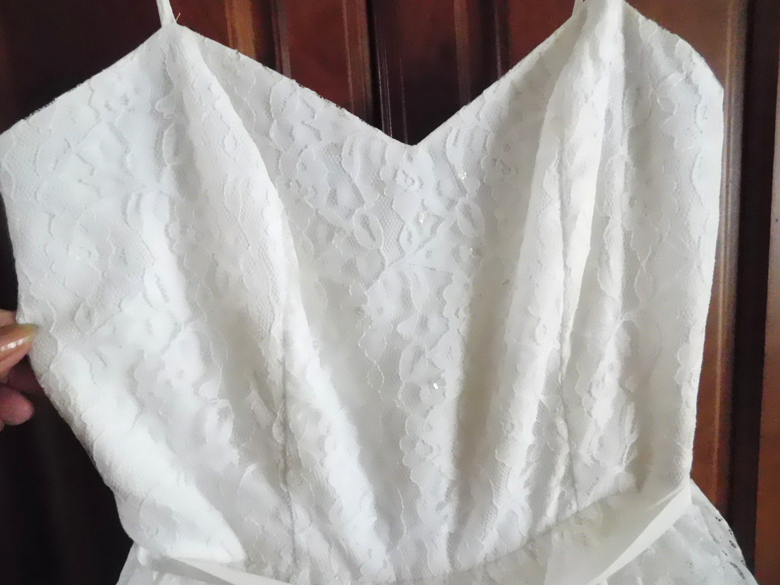 Vintage White Layered Lace Gown Fitted Bodice-Spaghetti Straps Sz 7/8