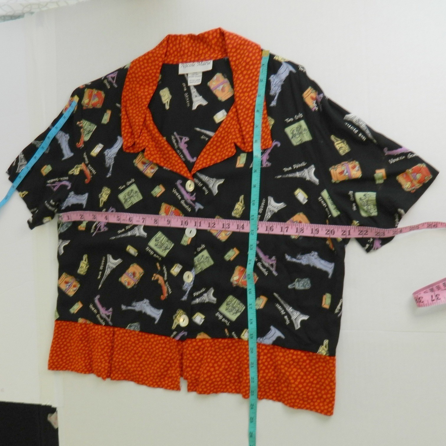 Nicole Marie Skirt Set Women XL Black Travel Novelty Print Rayon 90s Vintage USA