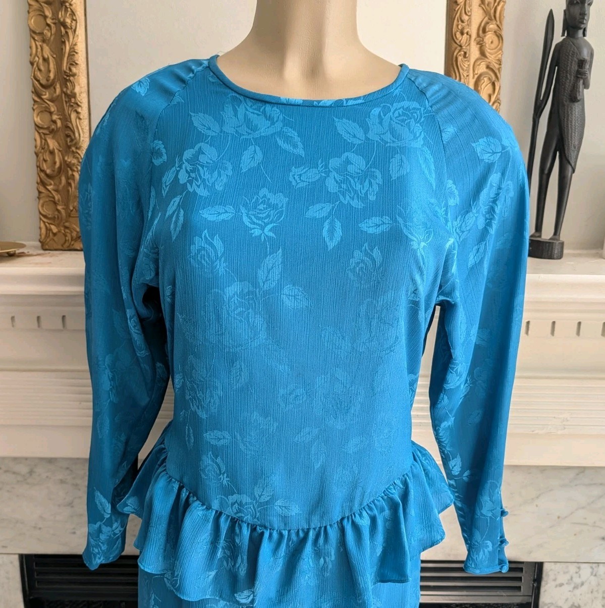 Vintage 80s Blue Teal Peplum Midi Dress Size 12 Floral Jacquard Drop Waist
