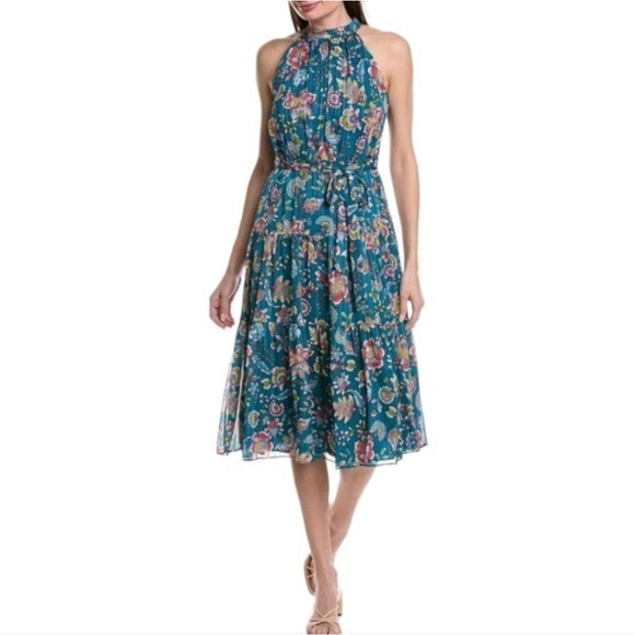 Nanette Lepore 70s vibe Teal paisley halter ruffle midi dress plus size 14 new