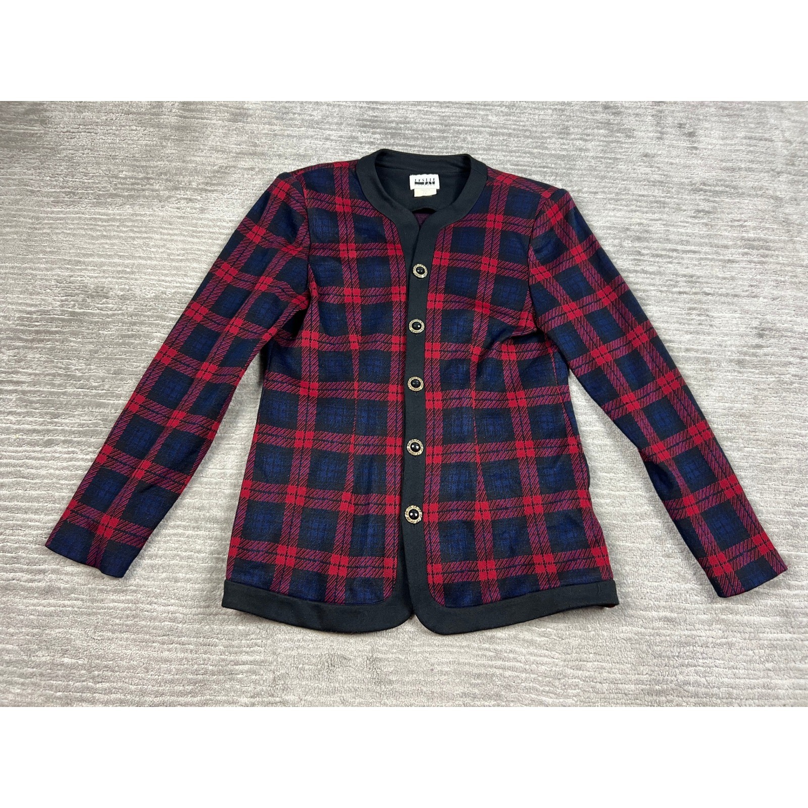 Leslie Fay Jacket Womens 8 Red Navy Plaid Vintage Knit Button Front Collarless
