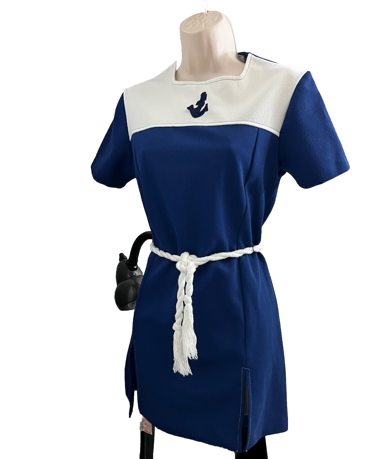 1970s Retro MINI DRESS-Navy Look-Anchor Motif-Side Slits-Braided Rope Belt-Sz 8?