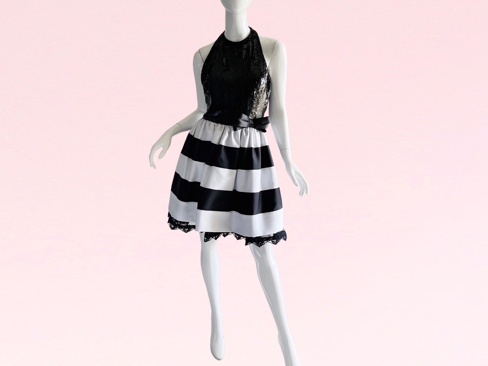 1990s Vintage Bill Blass Sequin Silk Taffeta Bow Party Cocktail Dress