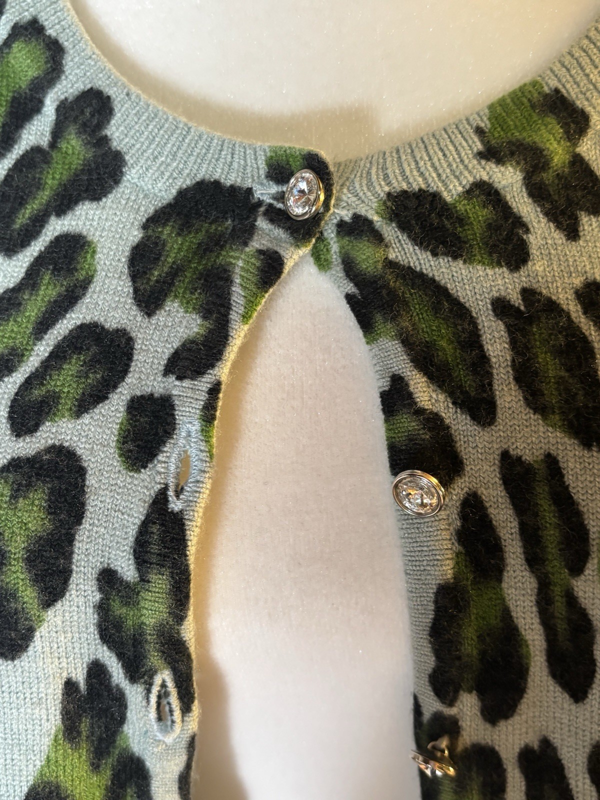 Vintage Betsy Johnson Leopard Print Cardigan Y2K Rhinestone Buttons Green S