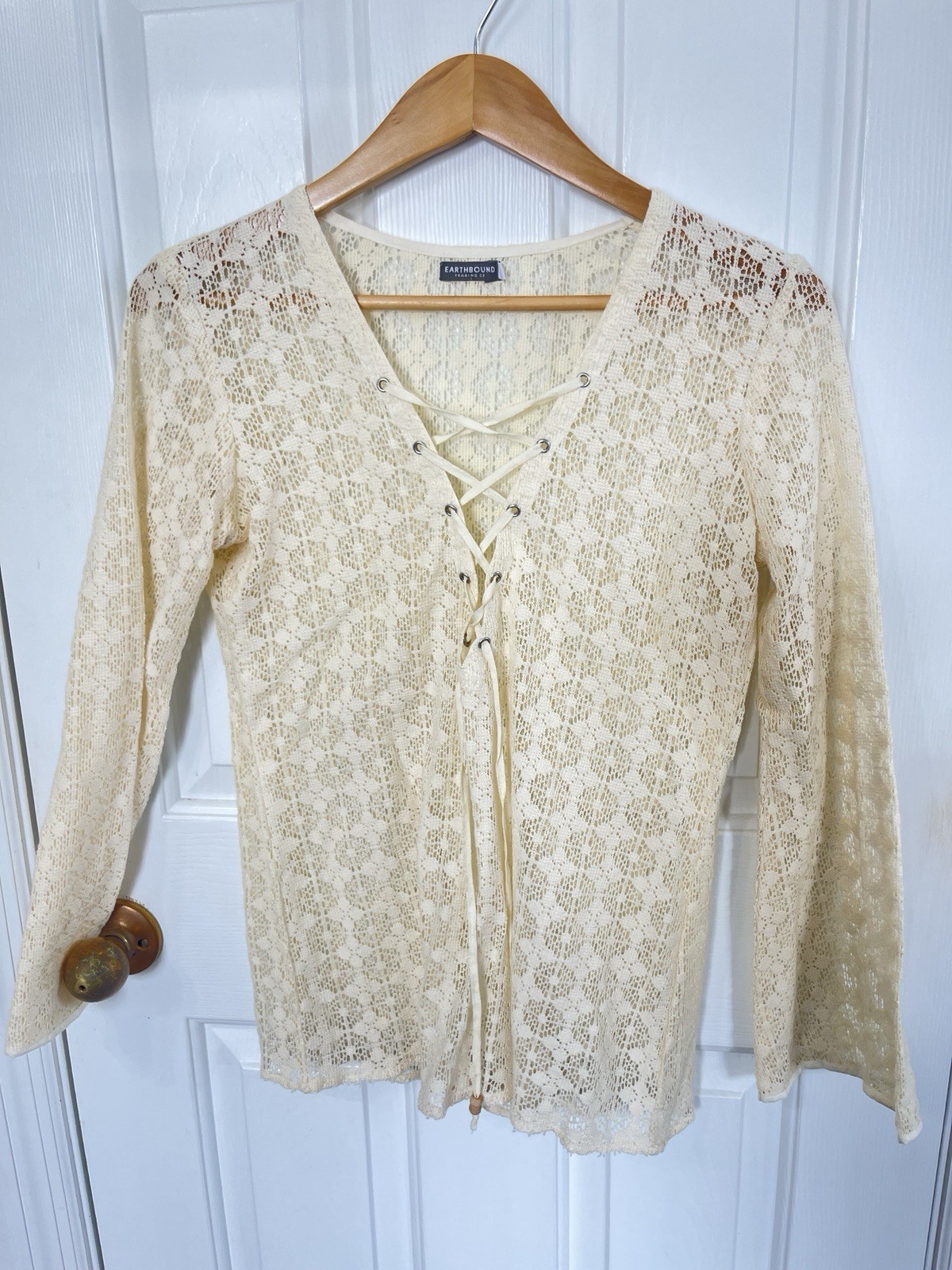 VTG Y2K Earthbound Trading Sheer Lace Front Small Cream Floral Fairy Boho