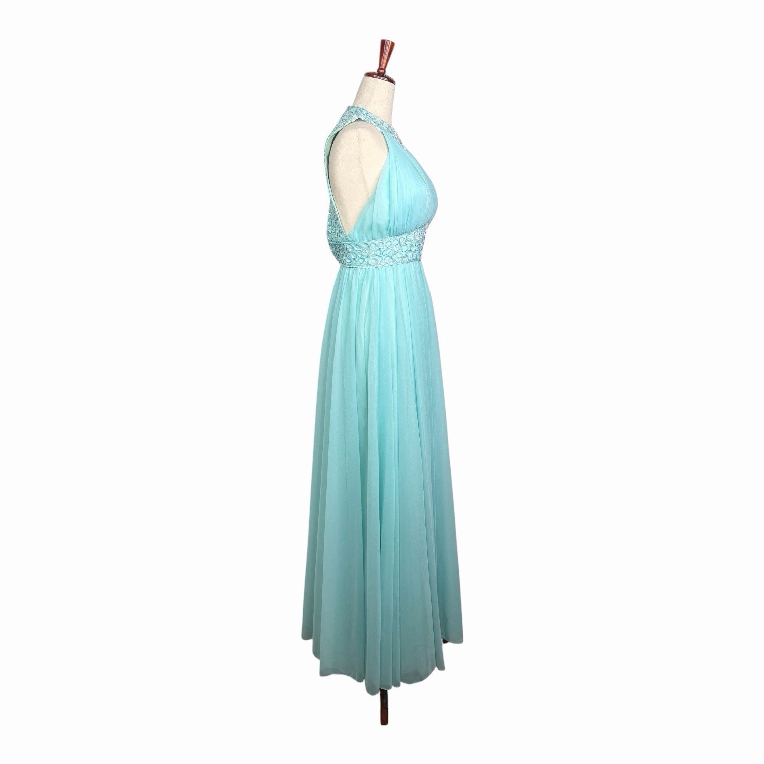 Vintage 60s Mike Benet Sequin Beaded Blue Chiffon Halter Evening Gown Dress XS