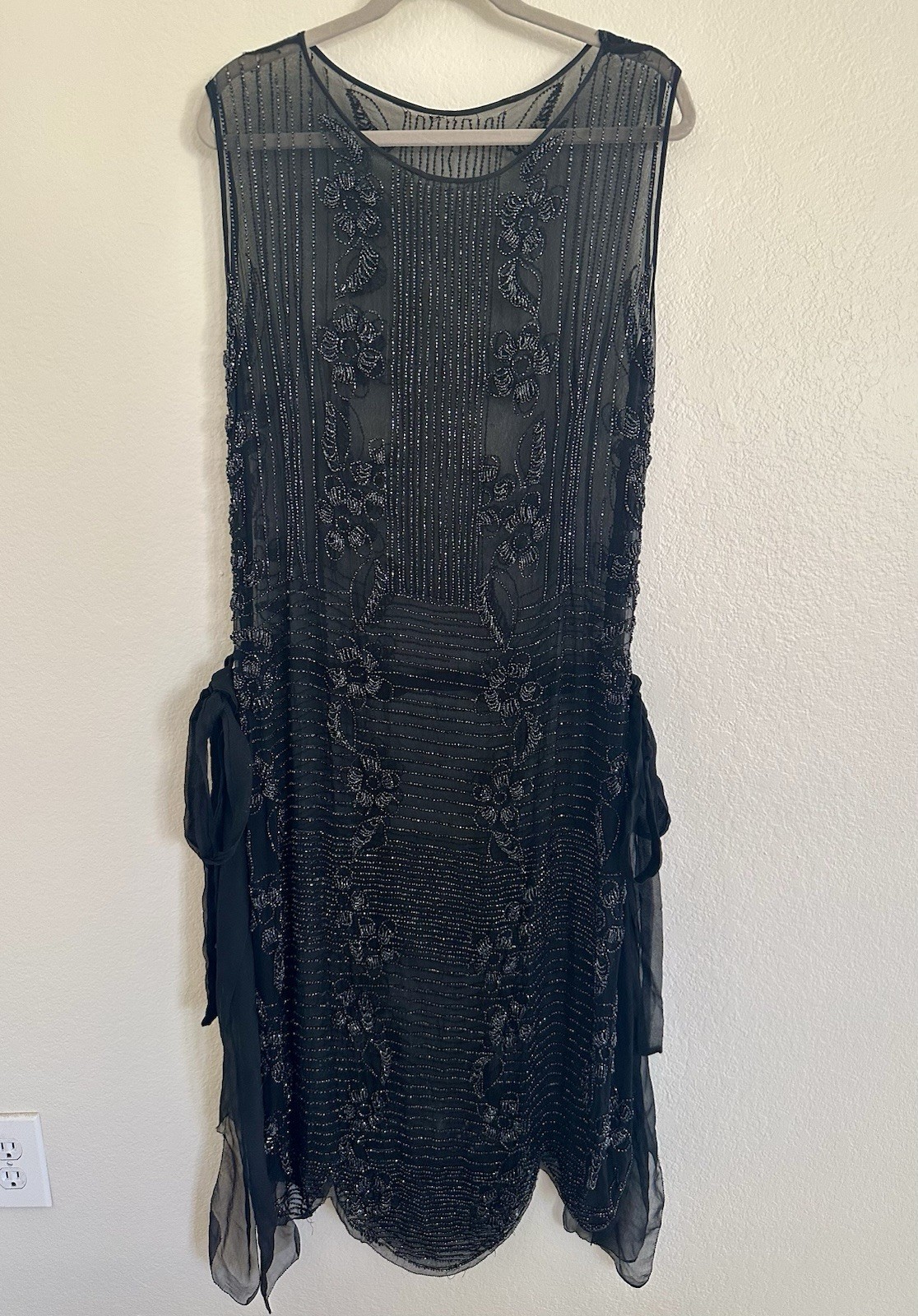 Antique Art Deco Beaded Silk Chiffon Tabard Dress Black Glass Beads 1920s Medium