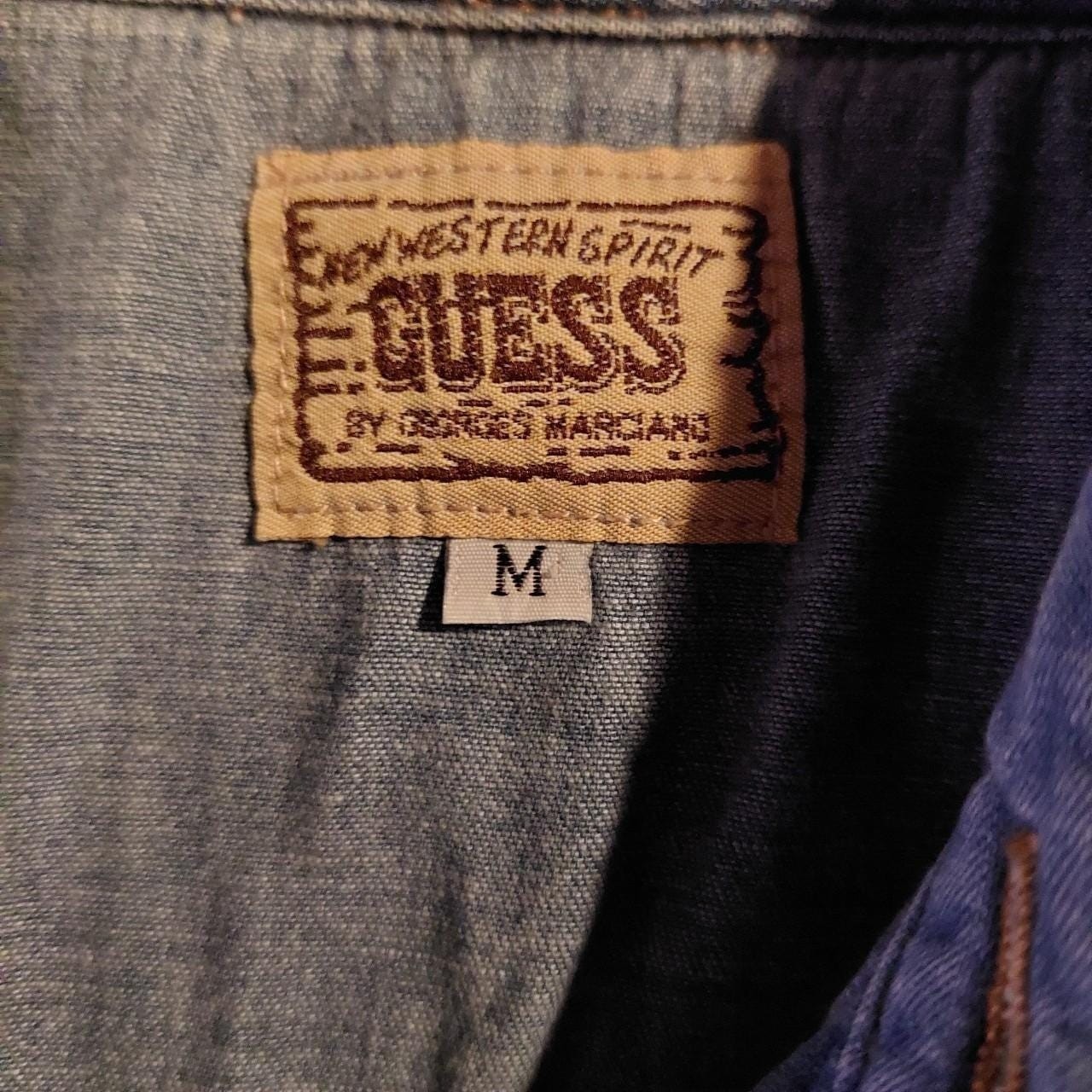 Vintage Guess western style 100 cotton denim button up with plaid fabric buttons