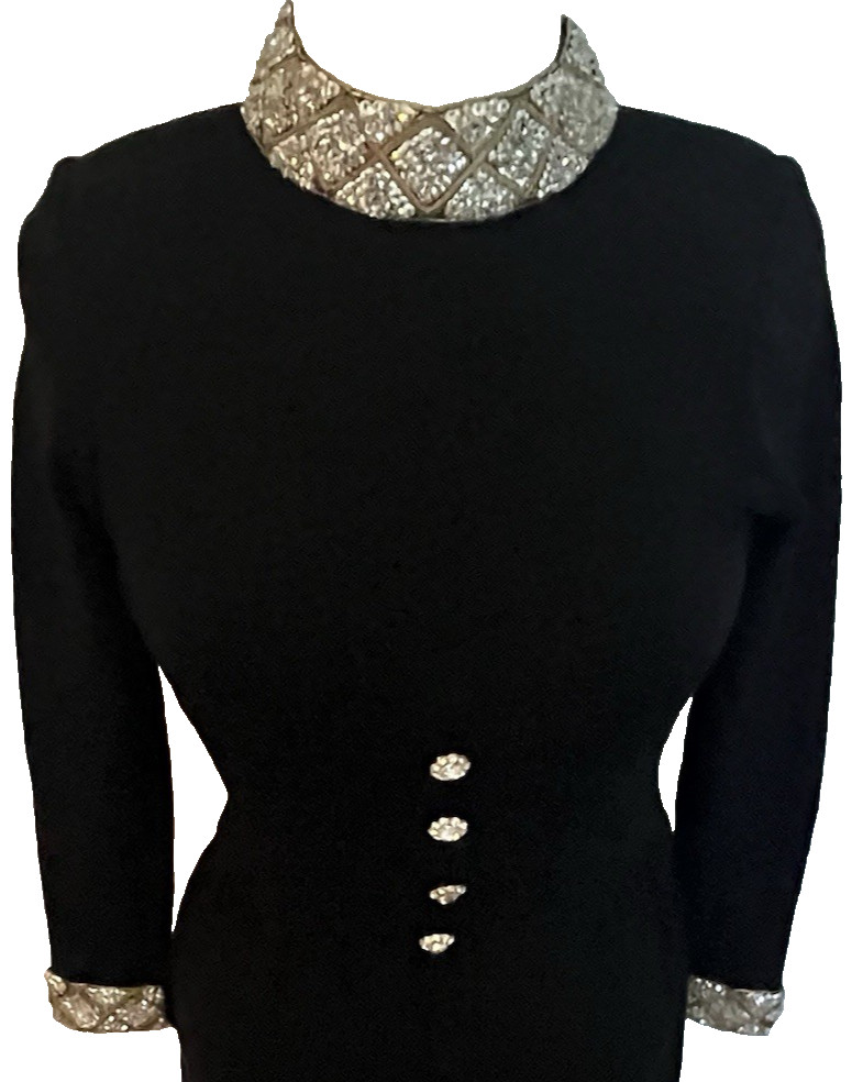 VTG 80’s Cocktail Dress Black Wool Knit Sz 2 DON SAYRES For Wellmore Embellished