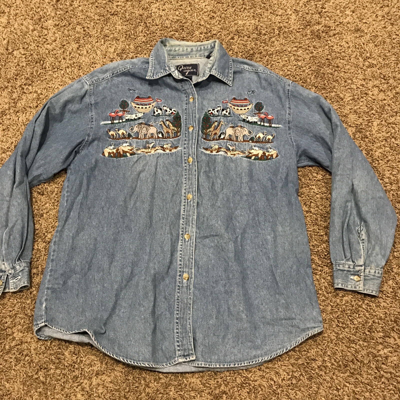 Quizz Again Shirt Women’s Medium Vintage Noah’s Ark Scene Button Up Cotton B24