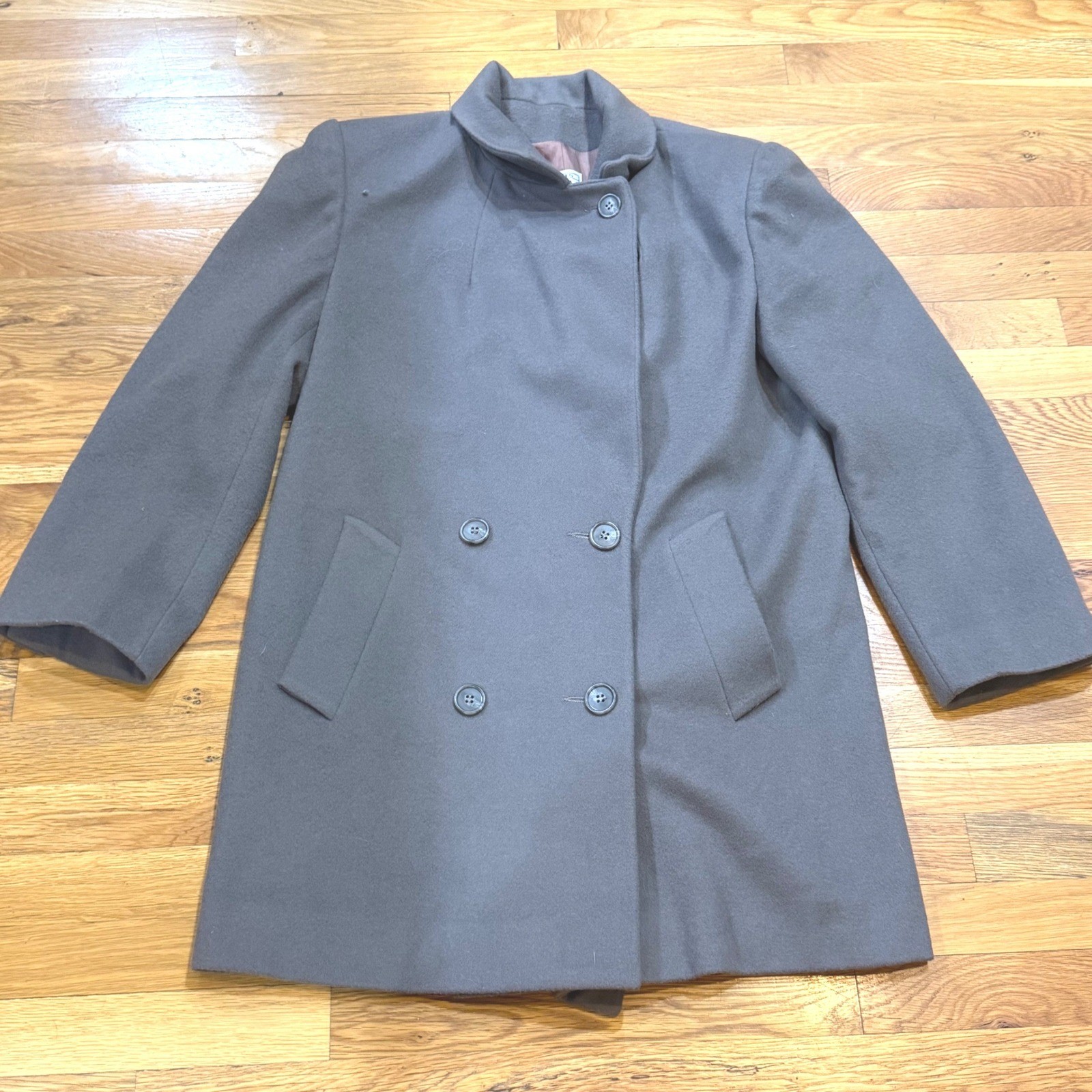 Jones New York JNY Gray 100% Pure Wool Double Breasted Funnel Neck Coat Vintage