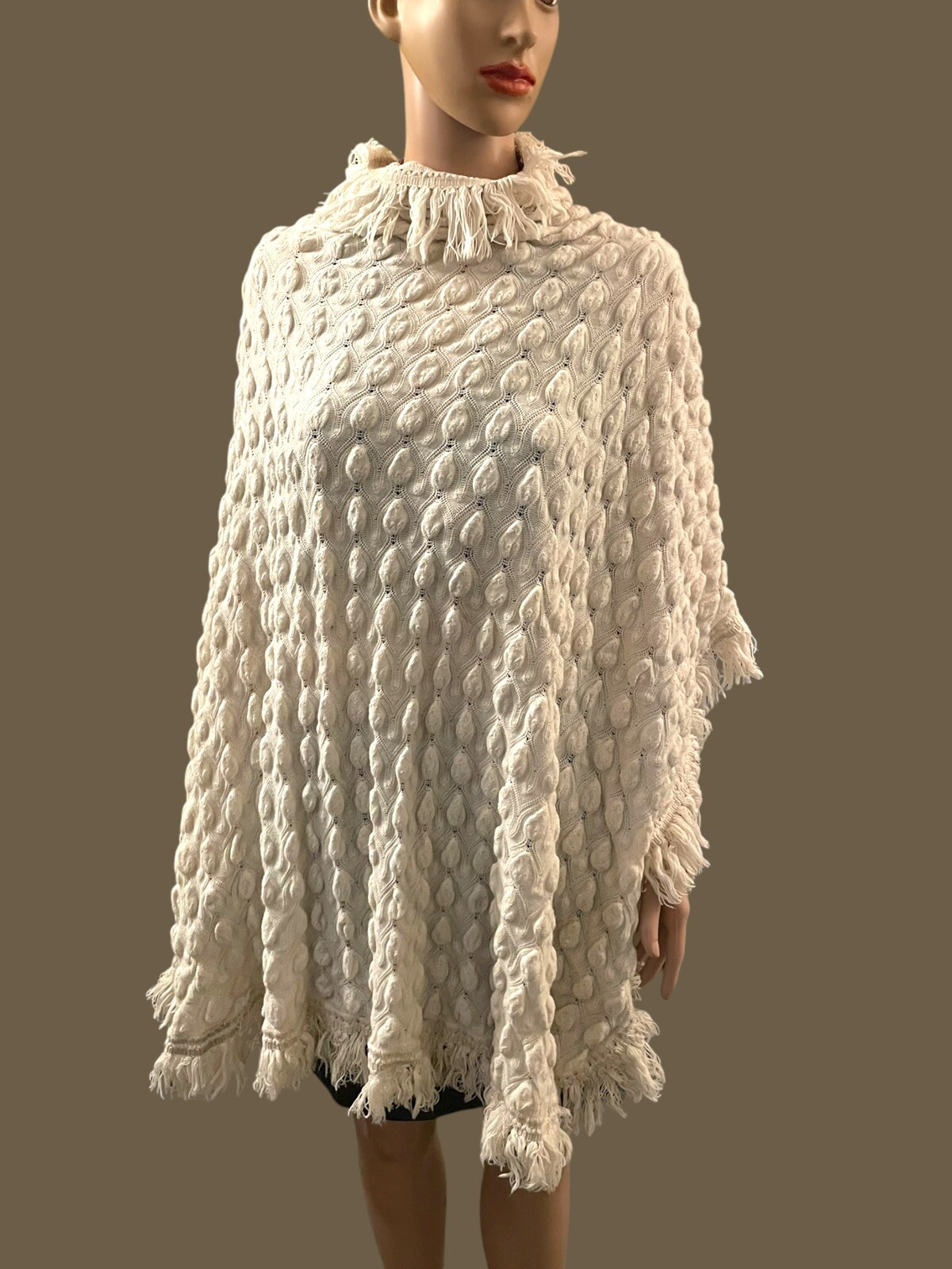 Vintage Shawl 1960s Hippie Boho Wrap Crotchet Knit Tassels Festival Soft White
