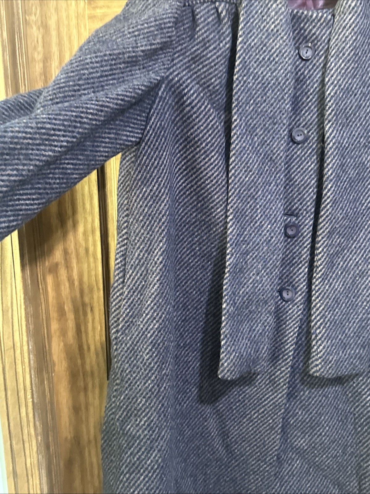 Vintage Lorendale Wool Coat Blue Tweed Attached Scarf Collar L/XL No Tag