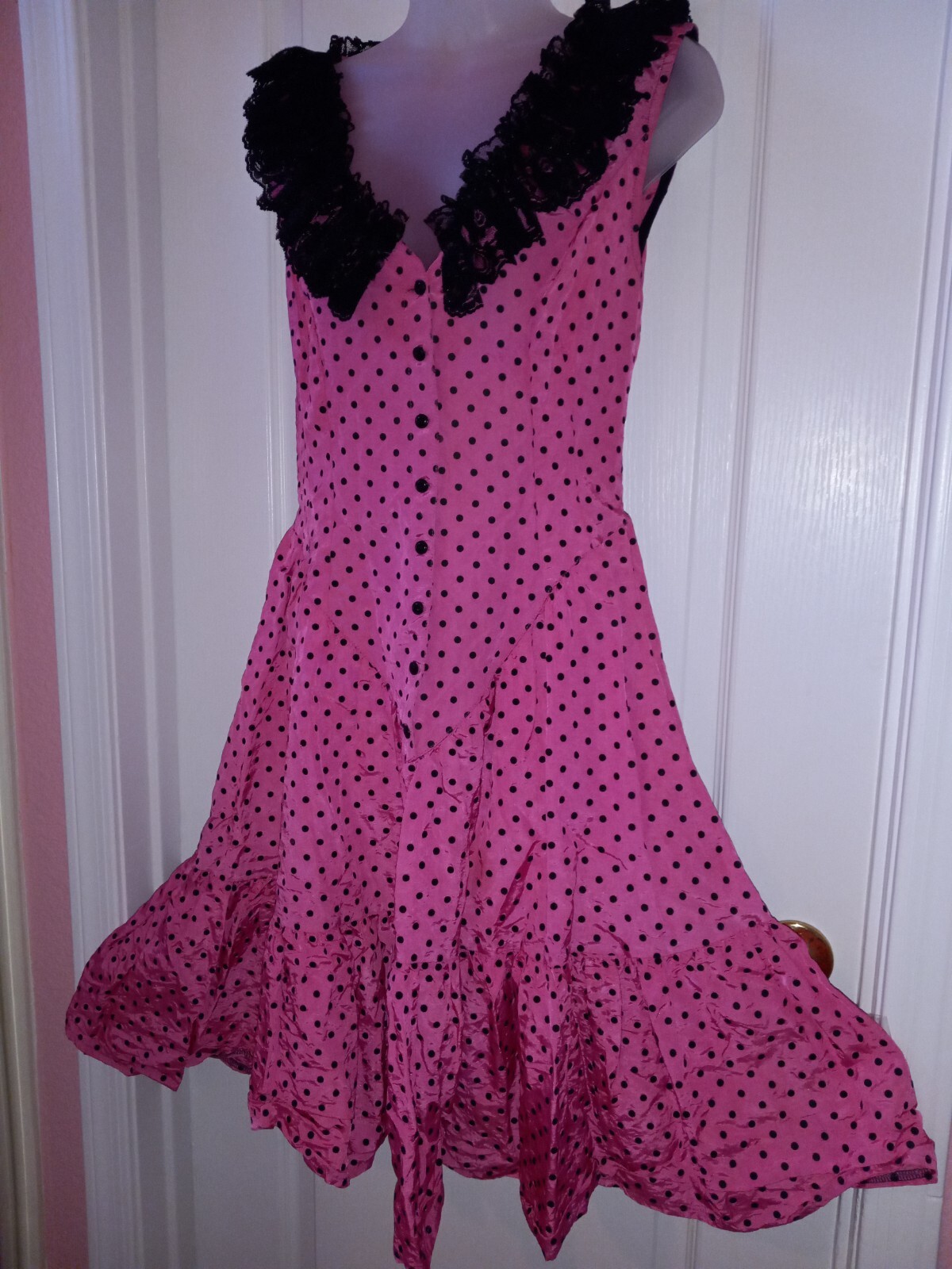 Vintage 80s Hot Pink Black Polka Dot Lace Cocktail Barbie Party Dress S