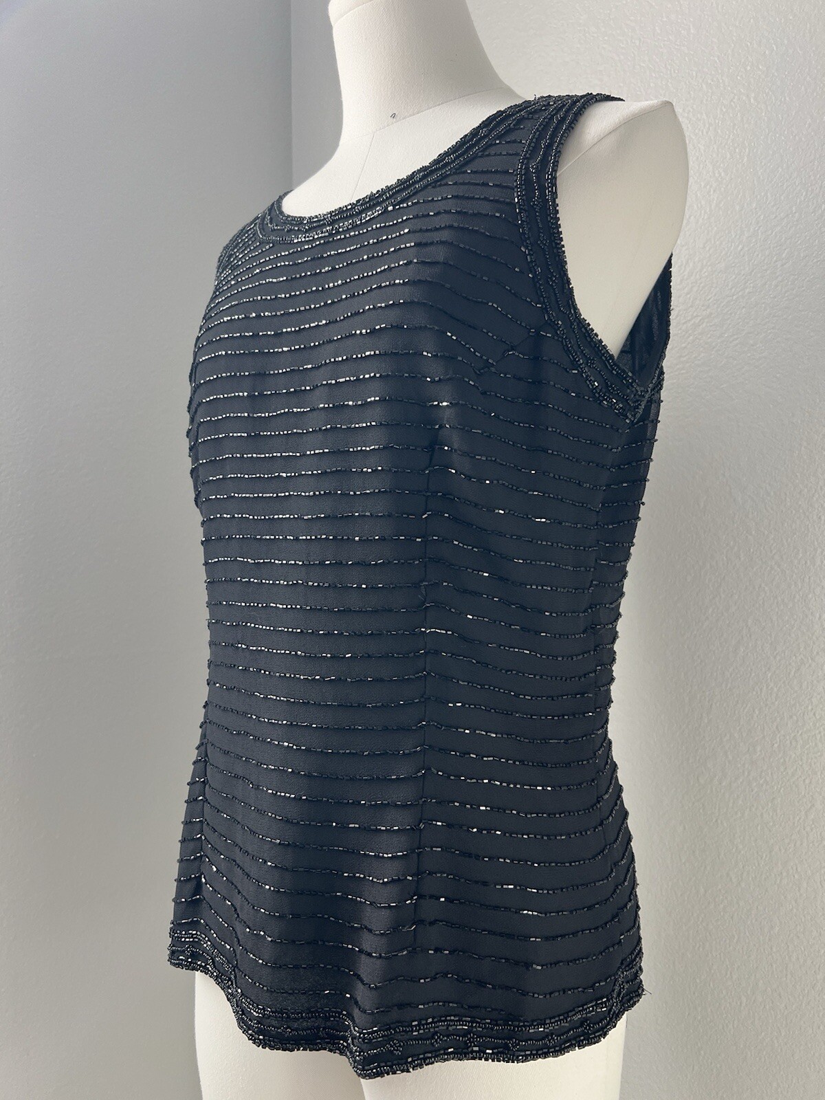 Vintage JKara New York Black Striped Beaded Sleeveless Evening Top Size M S/M